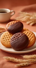 Stacked chocolate-covered cookies on a plate, with a cup of coffee and wheat stalks in the background