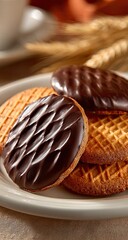Stacked chocolate-covered cookies on a plate, close-up.  Golden-brown cookies with a dark chocolate glaze.  Wheat or other grains in the background