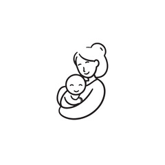 Black and white line art of a beautiful mother lovingly embracing her baby minimalist tender illustration