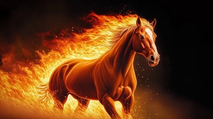 Majestic Fiery Chestnut Horse Galloping Through Flames, Capturing the Essence of Equestrian Power