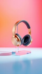 Wireless listening device with gold finish on crystal stand against a gradient background