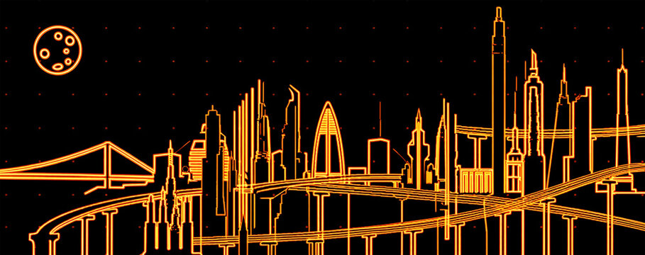Neon cityscape with moon and bridge orange night