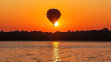 Hot air balloon floats over a lake at sunrise.  Sunrise over water, silhouetted trees, and a balloon