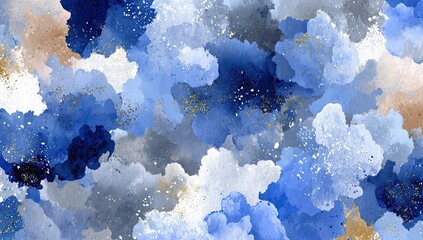 Abstract watercolor splatters in shades of blue, gray, and beige, with gold flecks