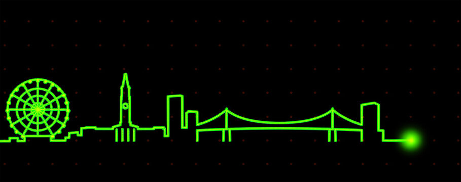 Neon green city skyline with Ferris wheel and bridge image