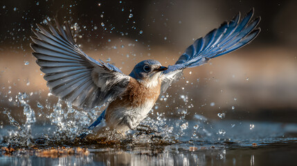 Eastern bluebird in flight emerging from water with wings spread and water droplets visible all around