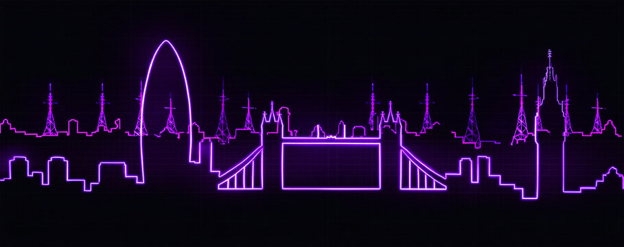 Neon purple cityscape silhouette with famous landmarks abstract