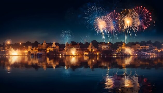 Diwali Fireworks Over Silhouetted Rooftops at Night - Powered by Adobe