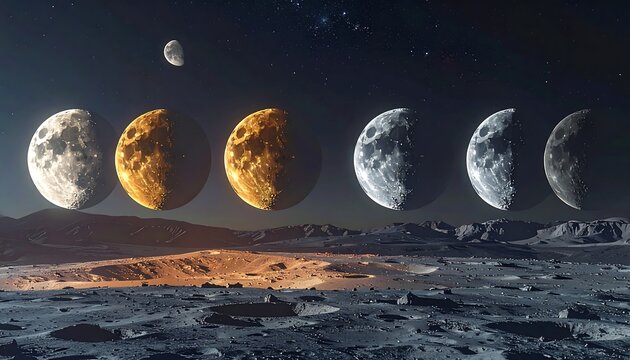 Celestial sequence of moon phases from a barren lunar surface.