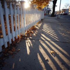 Sunlight casts long shadows on a white picket fence bordering a city street lined with autumn leaves