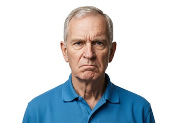 Serious senior man with furrowed brow expresses concern, frustration, and worry against white