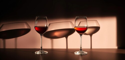Elegant wine glasses cast dramatic shadows on a dark background,  photography,  shadow art