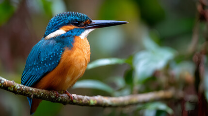 A kingfisher perched on a branch with vibrant plumage against a blurred leafy background