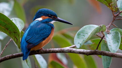 A common kingfisher perched on a branch surrounded by green leaves in a natural setting