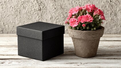 A matte black gift box sits beside a terracotta pot with pink flowers on a white wooden table