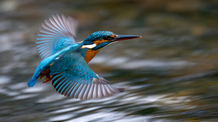 A kingfisher bird soaring above blurred water with its wings spread in a dynamic motion shot