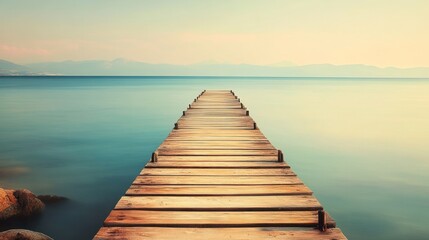 Fototapeta premium Wooden pier extending into tranquil lake, sunrise or sunset