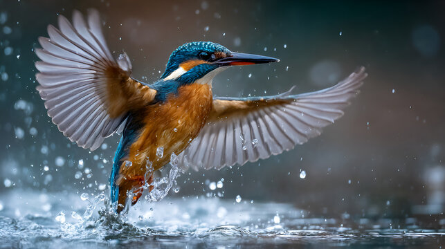 A kingfisher bird taking off from the water with its wings spread and water droplets visible
