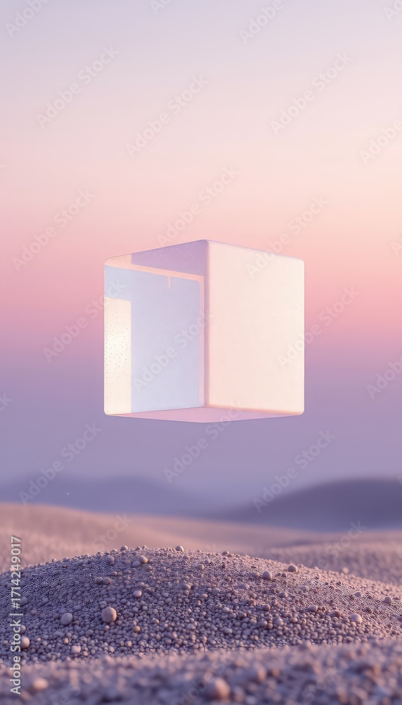 Poster geometric form floating above gritty surface with soft light backdrop
