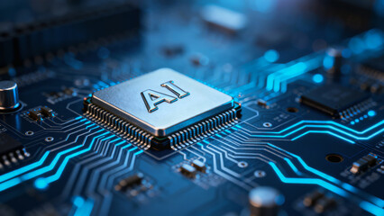 A close-up image of a microchip featuring "AI" on it, surrounded by intricate blue circuit patterns.
