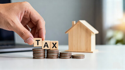 A hand arranges wooden blocks spelling "TAX" on a stack of coins, with a small wooden house in the background, illustrating financial planning and home ownership.