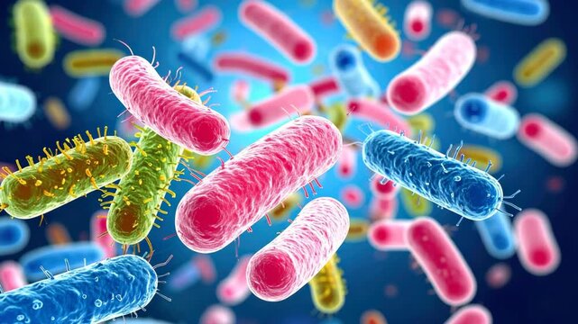 Detailed microscopic view of assorted colorful rod-shaped bacteria cells, pathogenic microorganisms on bright blue background