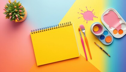 Blank yellow notepad with art supplies, palette, brushes and small decorative plant on multicolored background