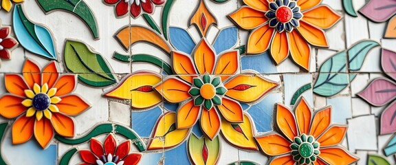 Intricate floral tile mosaic, vibrant colors, close-up detail,  wallpaper,  ceramic
