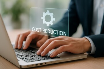 Businessman using laptop with 'Cost Reduction' icon overlay, symbolizing efficiency, business strategy, finance, and economic savings with digital tools