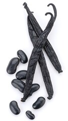 Dried vanilla beans and pods on white background