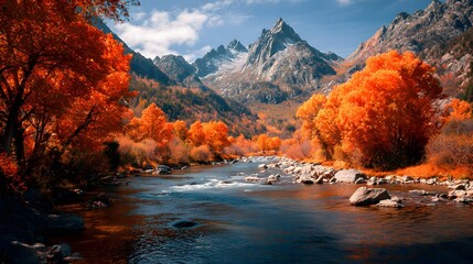 Autumn mountain landscape river scenic view orange trees nature photography travel destination wallpaper hd image