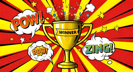 Comic Book Style Winner Trophy with Pow and Zing Effects.