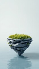 Stone Formation with Vegetation Floating Above Calm Water Suggesting Serenity and Natural Wonder