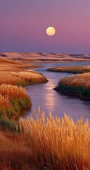 Full moon over a placid river valley at dawn.  Golden grasses frame the tranquil scene