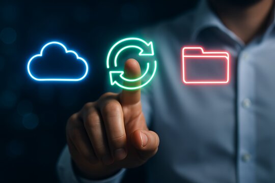 Cloud data synchronization for efficient digital management. Hand touches refresh icon, symbolizing secure online data for future business technology