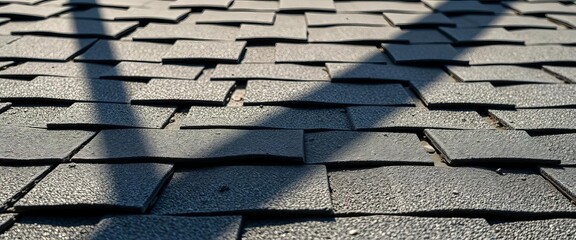 Rough, layered surface of asphalt shingles, shadow and light, asphalt shingles,  surface