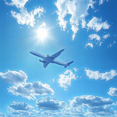 Airplane flying high in a clear blue sky with fluffy white clouds and bright sunlight illuminating the scene, symbolizing freedom and adventure in travel