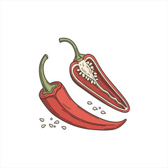 Red chili pepper cut in half with seeds scattered around