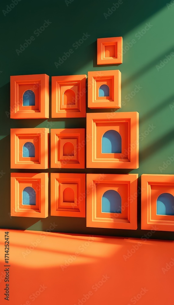 Poster framed archways in gradients of orange color with a green background wall enhanced by shadow play of