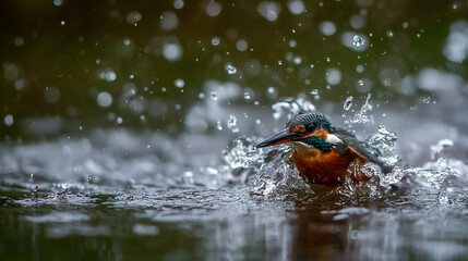 A kingfisher bird emerging from water with droplets and splashes in a natural setting scene view