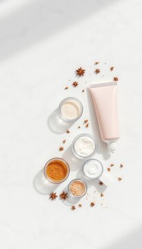 Organic skin care treatment ingredients and a pastel tube on a white surface with shadow and star anise decorations
