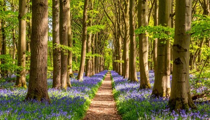 Sunlit woodland path filled with bluebells
