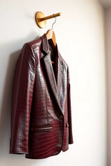 Burgundy crocodile-embossed leather blazer on a wooden hanger with gold hook, styled against a white background.