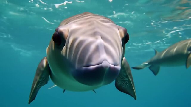 Close-up vaquita underwater with sleek body, distinctive facial markings, and dark eyes in turquoise ocean habitat
