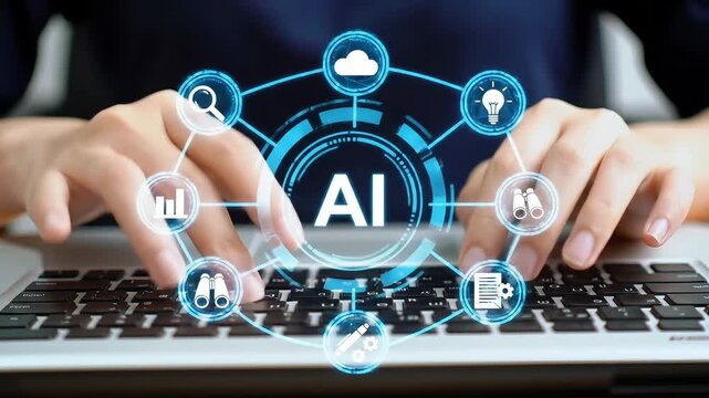 Hands typing on laptop with glowing AI interface and interconnected futuristic icons in soft blue light