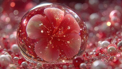 A crystal sphere holds a delicate, pink flower.  A sea of red and white beads surrounds the sphere.  Soft light and bokeh add to the ethereal quality