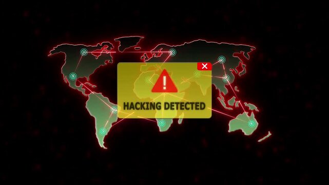 HACKING DELETED Alert Warning Message Attack on World map. radio waves Network Seamless loop Motion Background. UI Elements HUD, Digital global world map and technology concept.