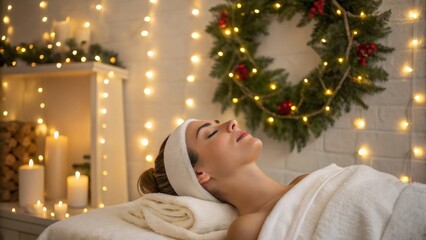 Woman relaxing at a luxury spa during christmas holiday season, enjoying a festive wellness treatment with candles and sparkling lights, experiencing peaceful comfort and self care