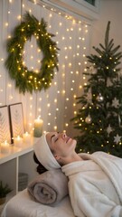 Woman enjoying a relaxing holiday spa treatment, receiving wellness and beauty care in a festive environment with christmas decorations and warm lights