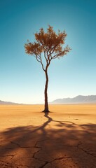 Fototapeta premium Solitary Tree in a Vast Arid Landscape with Cracked Earth and Distant Mountains Under a Clear Blue Sky